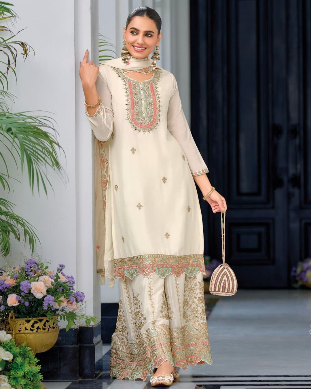 White Embroidered Heavy Chinon Readymade Sharara Set