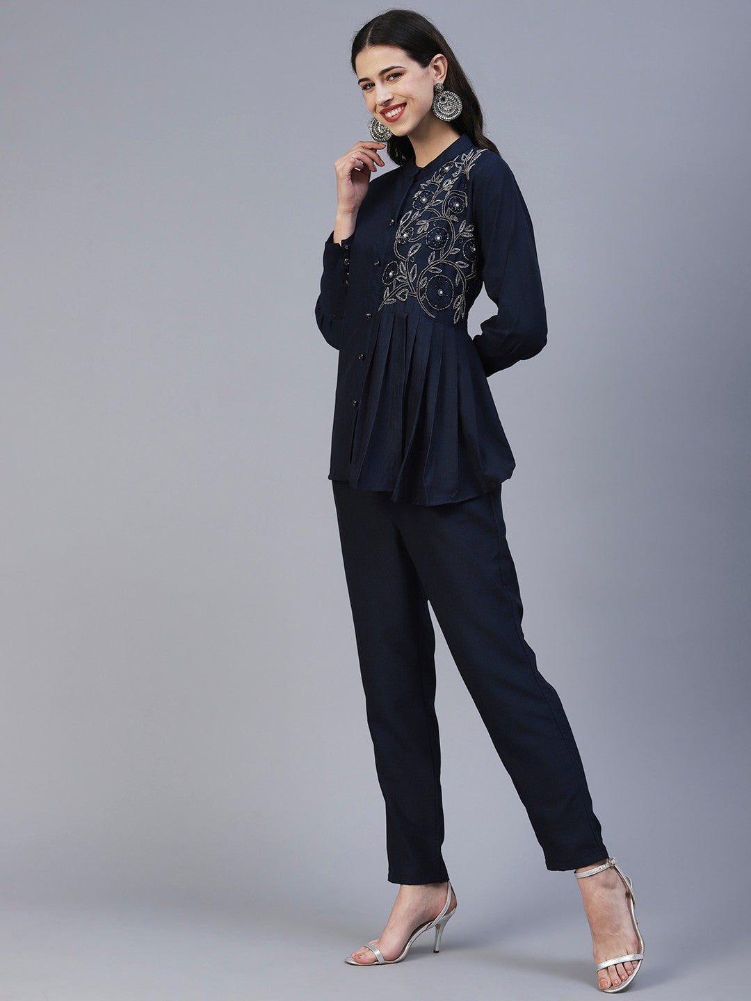 Navy Blue Hand Embroided Vatican Fabric Ready Co-Ord Set