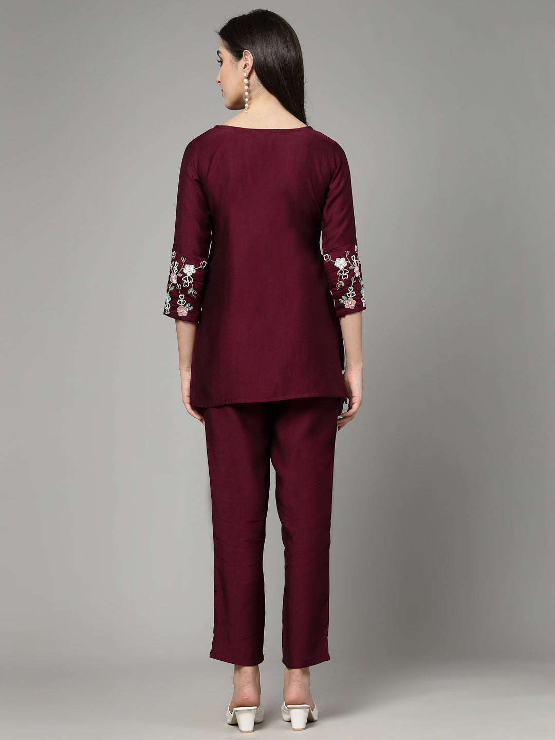 Dark wine Hand Embroidered Viscose Rayon Readymade Co-Ord Set