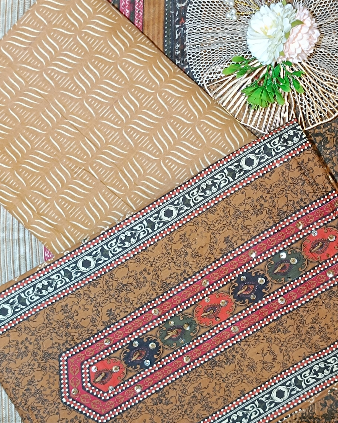 Mustard Yellow And Brown Mal Cotton printed fabric Unstitched Salwar Suit