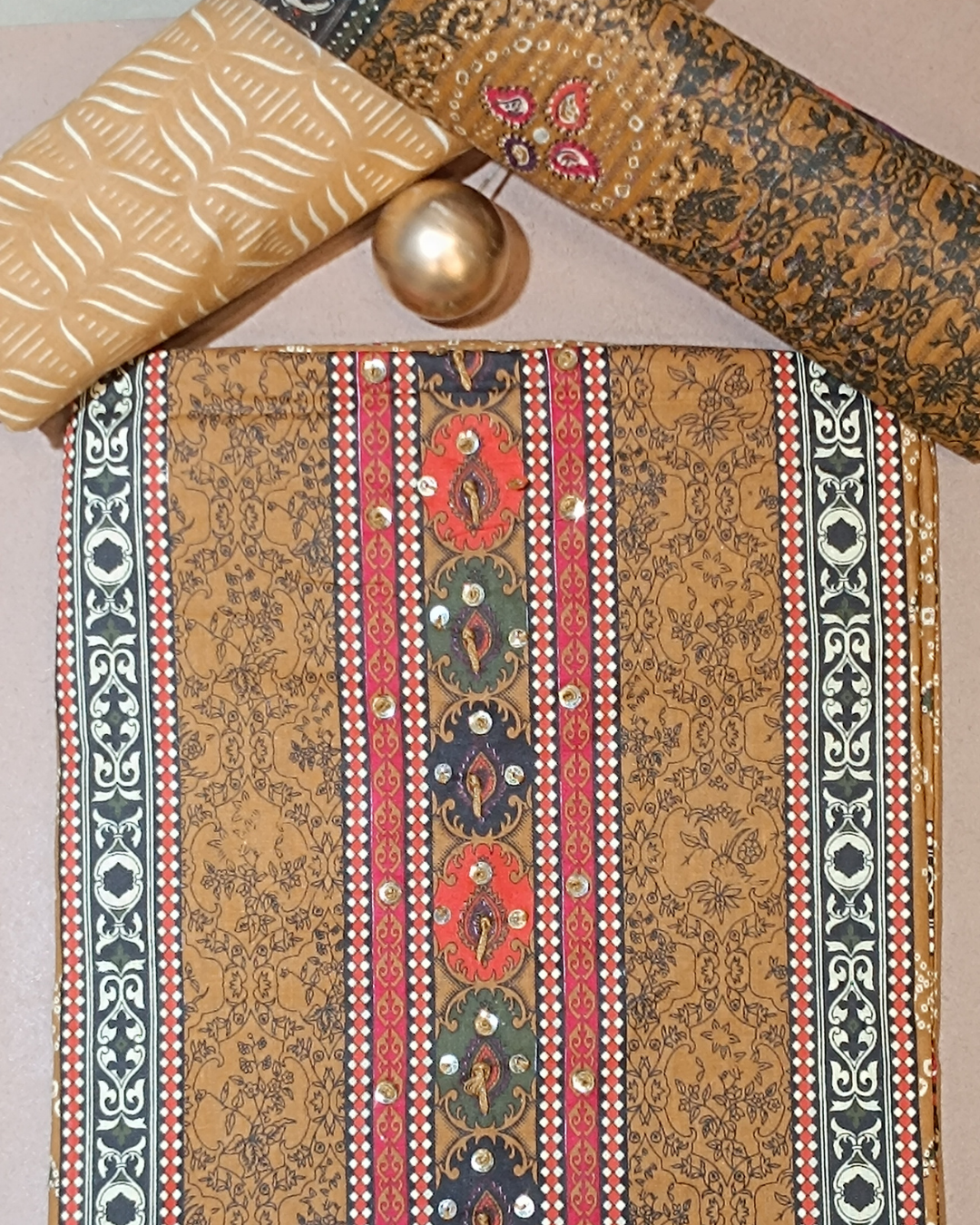 Mustard Yellow And Brown Mal Cotton printed fabric Unstitched Salwar Suit