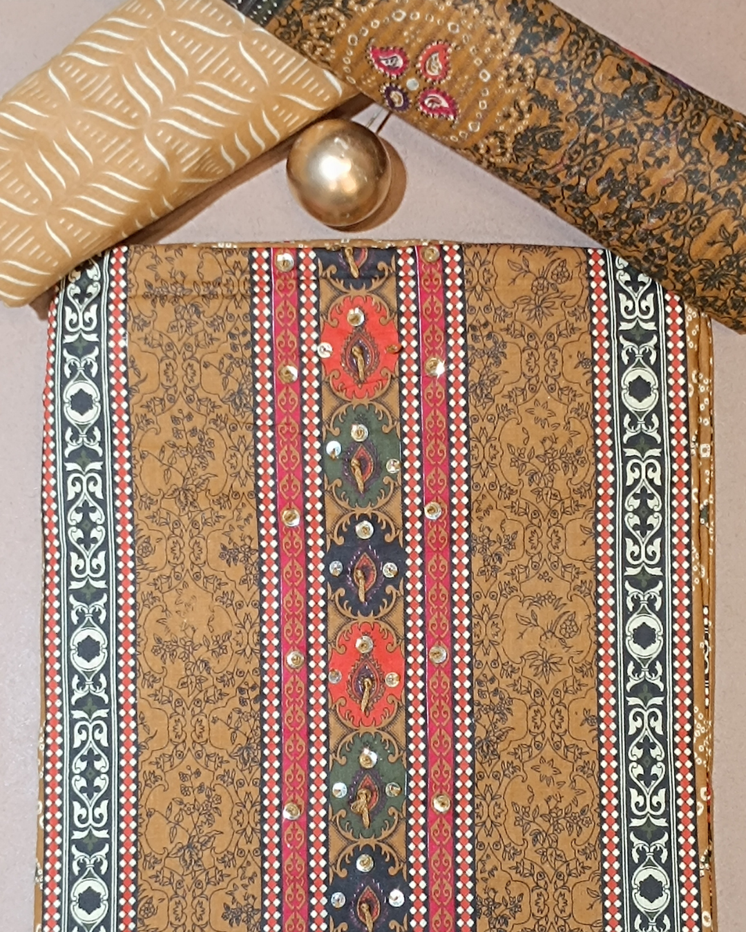Mustard Yellow And Brown Mal Cotton printed fabric Unstitched Salwar Suit