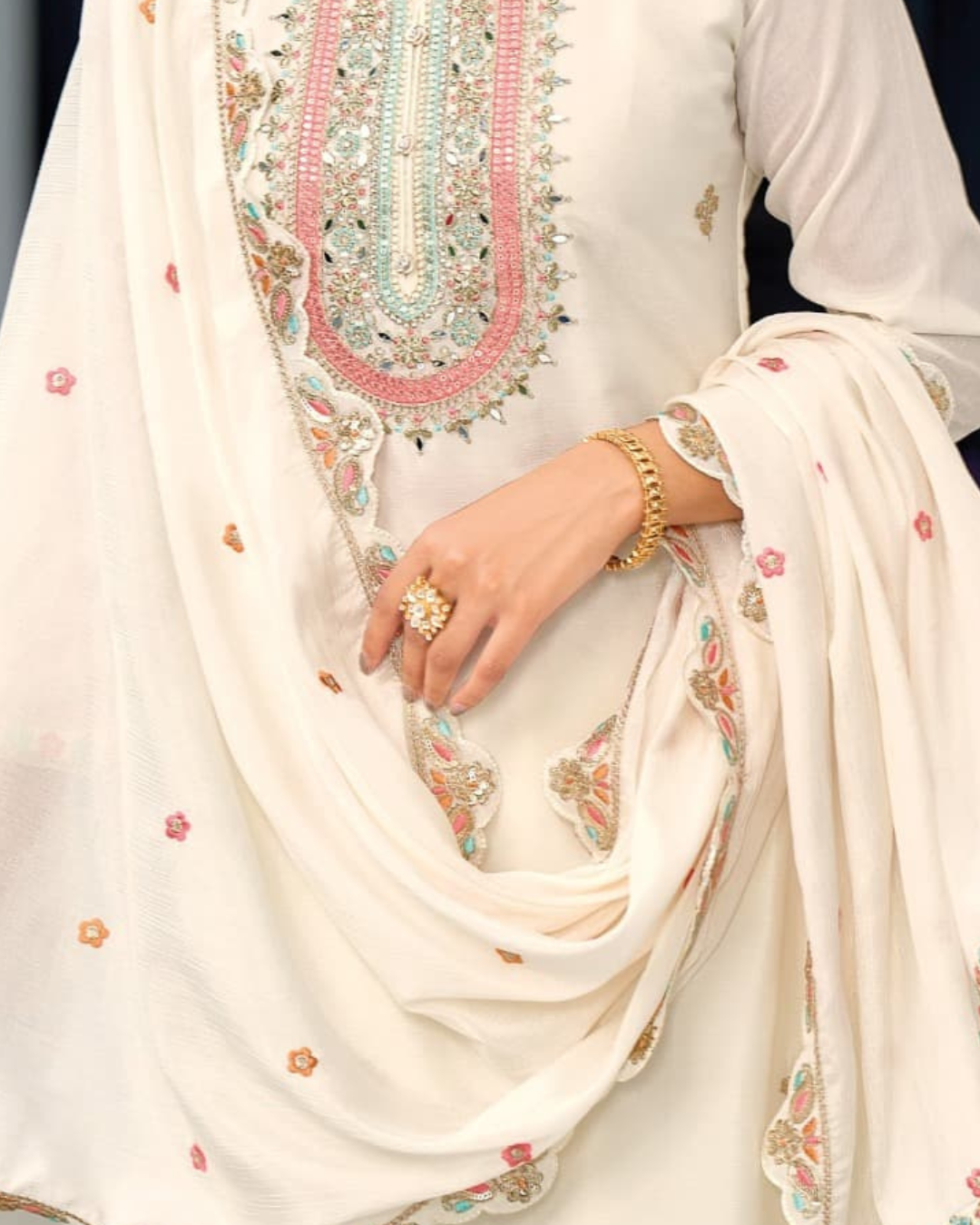 White Embroidered Heavy Chinon Readymade Sharara Set