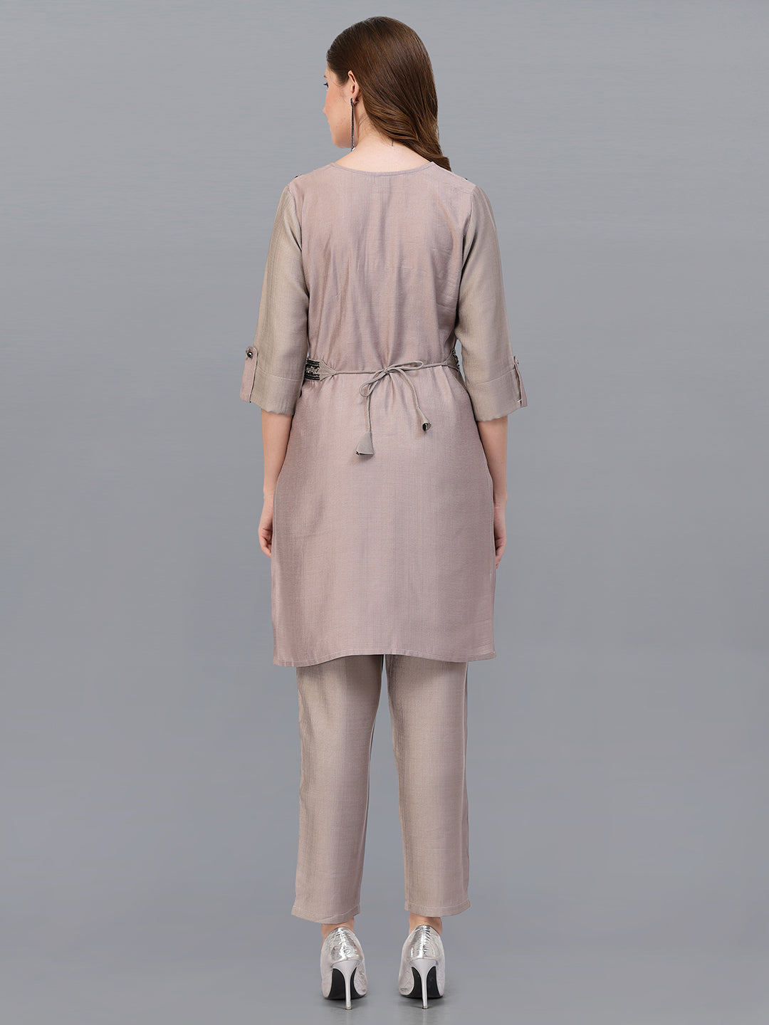 Light Grey Hand Embroidered Viscose Rayon Readymade Co-Ord Set