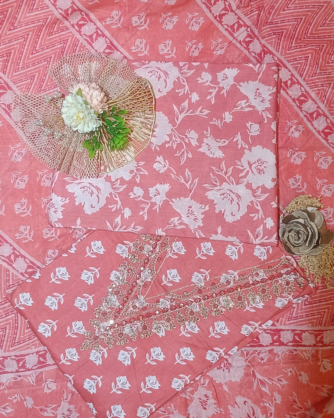 Salmon Pink Mal Cotton printed fabric Unstitched Salwar Suit