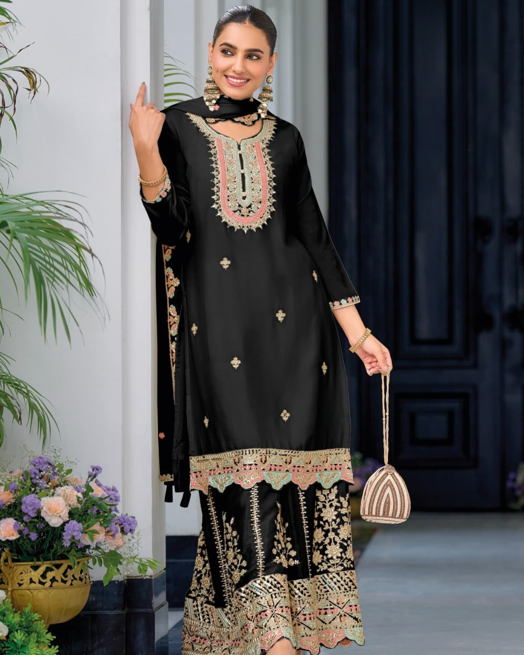 Black Embroidered Heavy Chinon Readymade sharara set