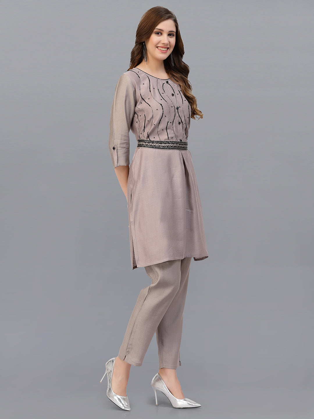 Light Grey Hand Embroidered Viscose Rayon Readymade Co-Ord Set