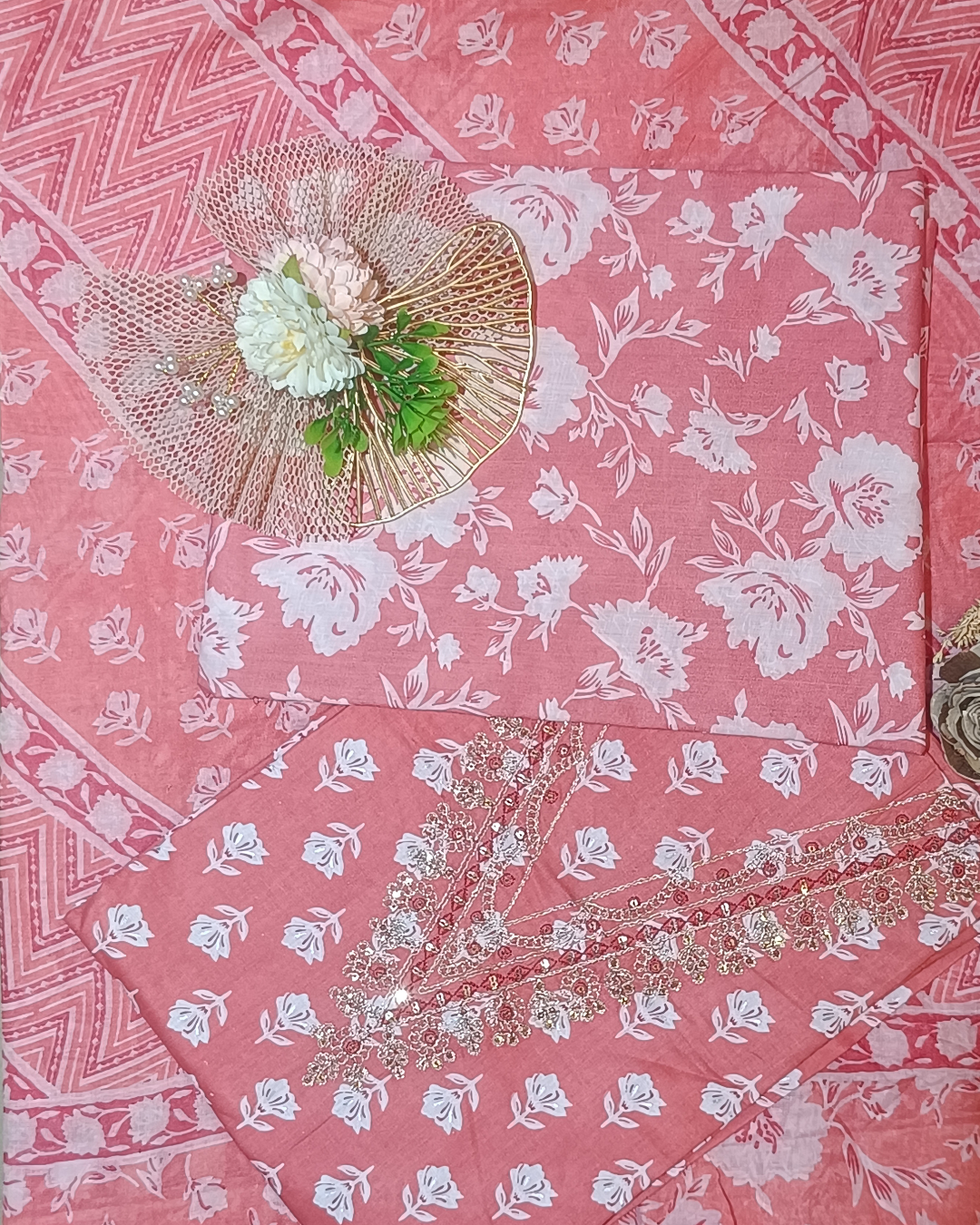 Salmon Pink Mal Cotton printed fabric Unstitched Salwar Suit