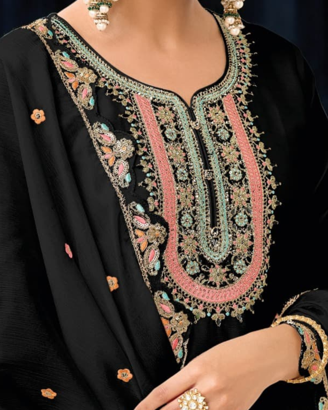 Black Embroidered Heavy Chinon Readymade sharara set