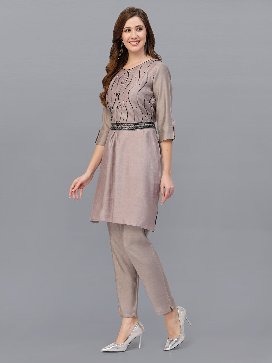 Light Grey Hand Embroidered Viscose Rayon Readymade Co-Ord Set