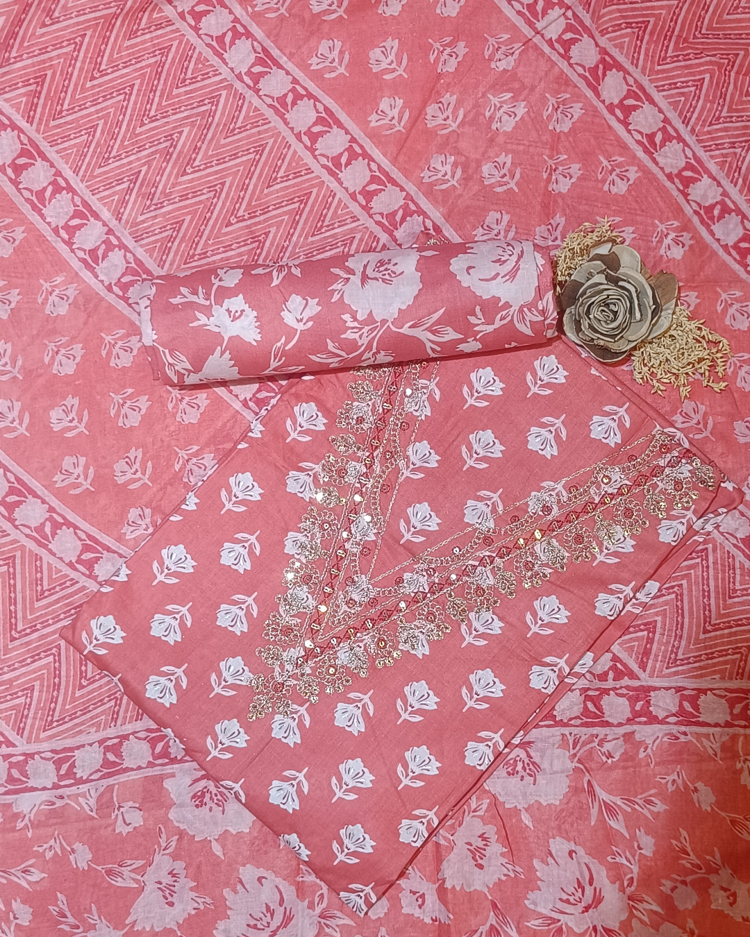 Salmon Pink Mal Cotton printed fabric Unstitched Salwar Suit