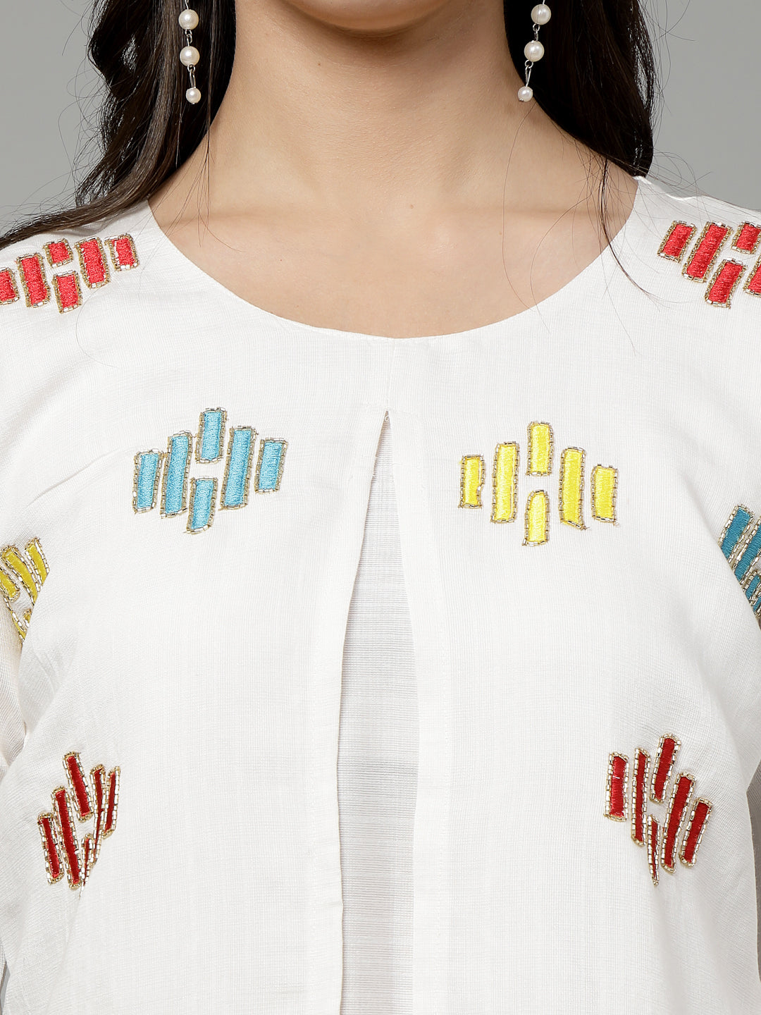 White Hand Embroidered Viscose Rayon Readymade Co-Ord Set