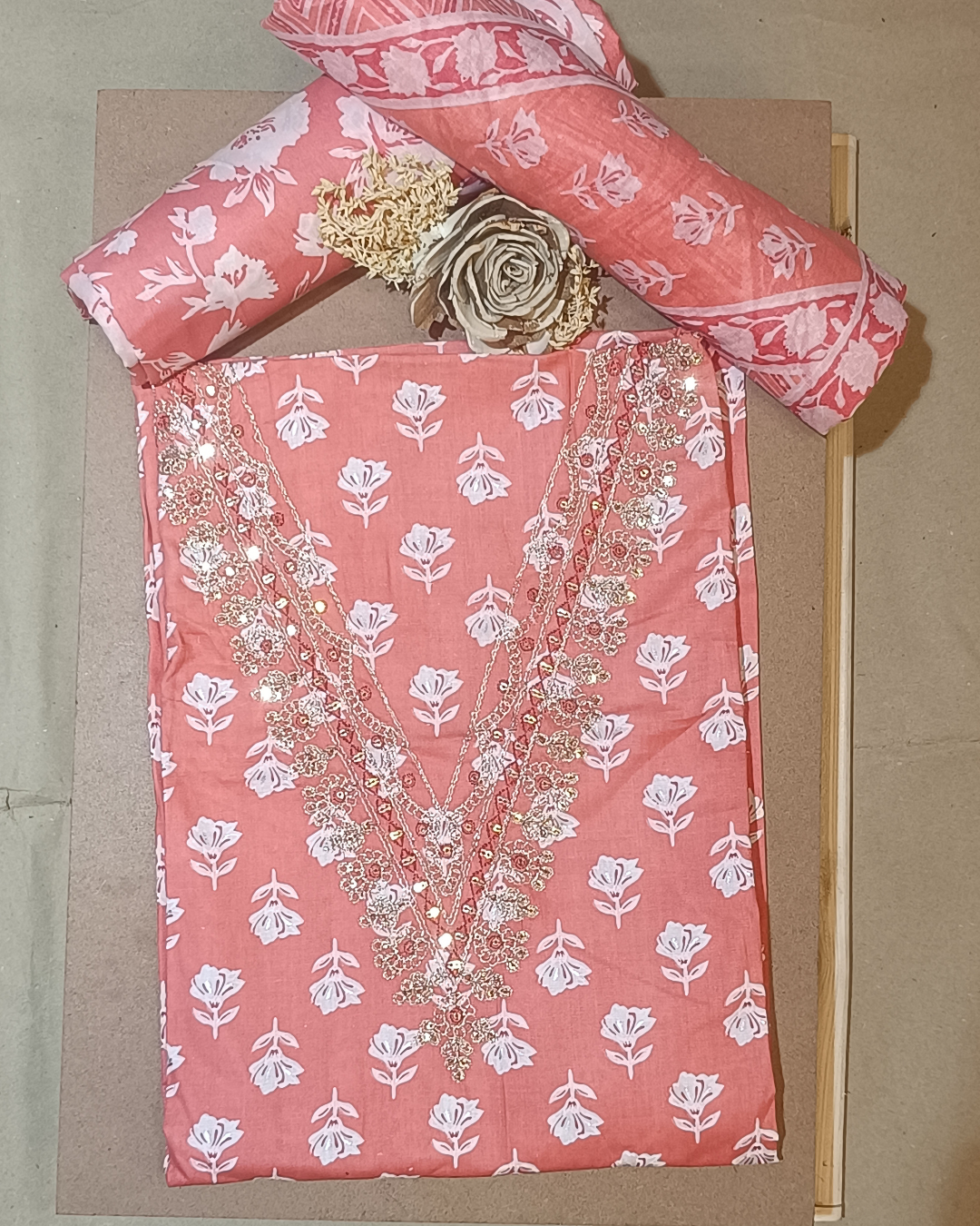 Salmon Pink Mal Cotton printed fabric Unstitched Salwar Suit