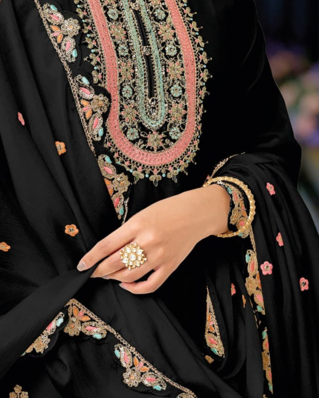 Black Embroidered Heavy Chinon Readymade sharara set