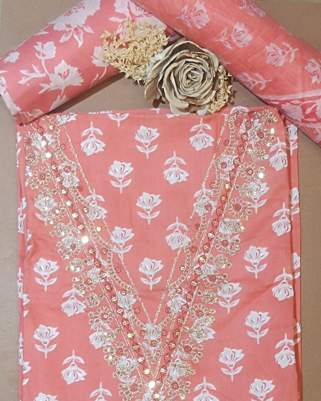 Salmon Pink Mal Cotton printed fabric Unstitched Salwar Suit