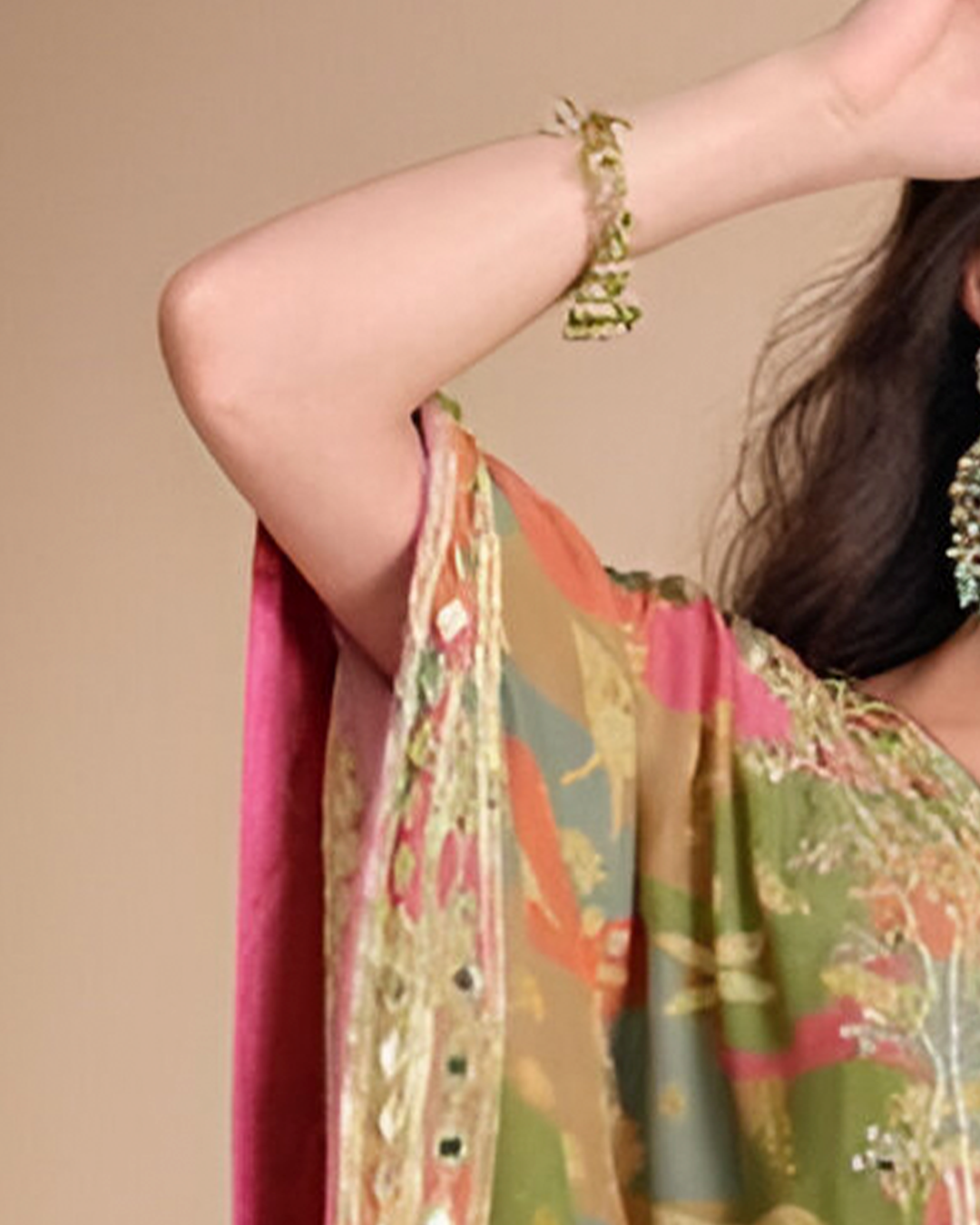 Green Embroidered Georgette Readymade Kaftan Set