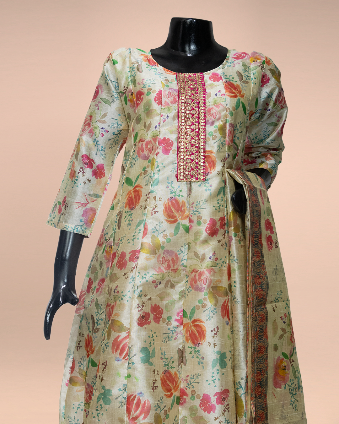Beige Floral Printed Chanderi Silk Readymade Salwar Suit