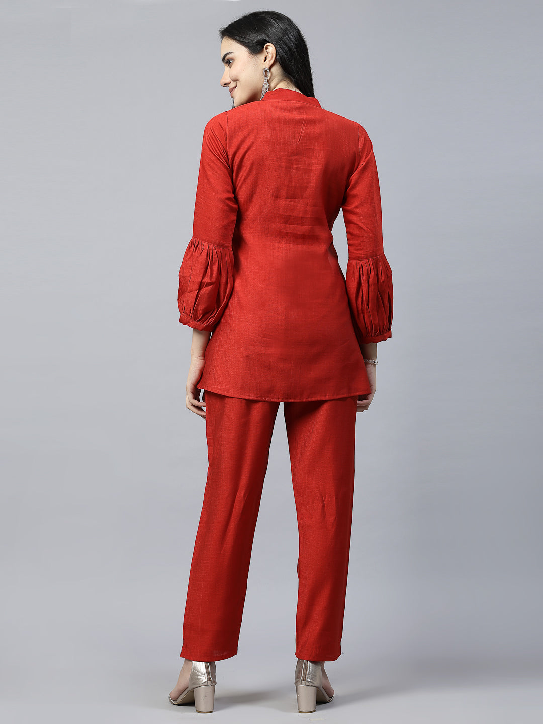 Red Color Hand Embroidered Pure Cotton Ready Made Co-Ord Set
