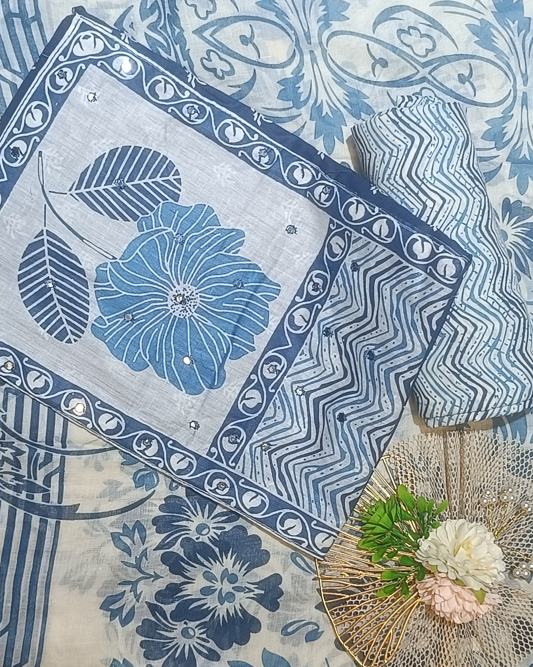 Blue And White Mal Cotton printed fabric Unstitched Salwar Suit