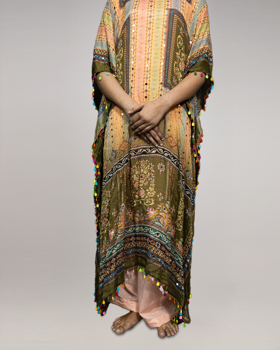 Multicolour Mirror Work Georgette Readymade Kaftan Set