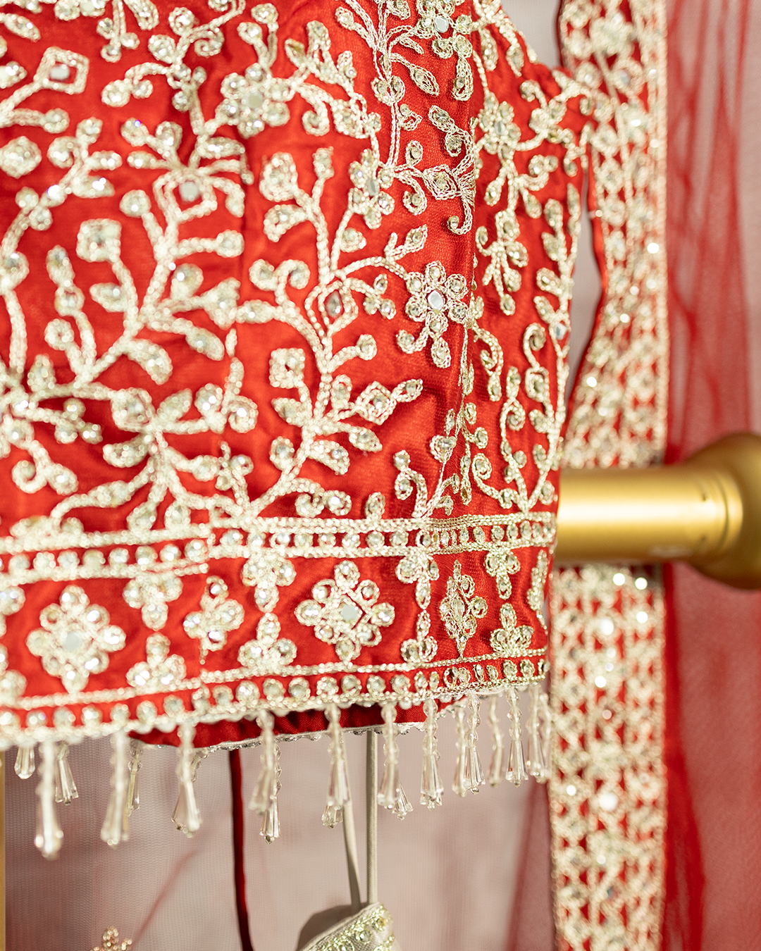 Red Heavy embroidered Netted Readymade Lehenga