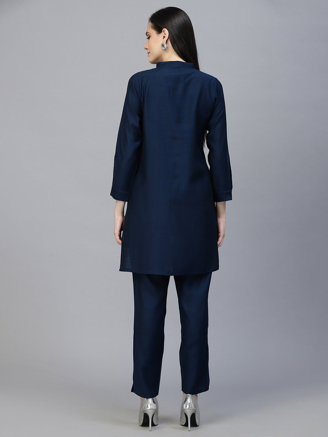 Blue Hand Embroidered Viscose Rayon Ready Made Co-Ord Set