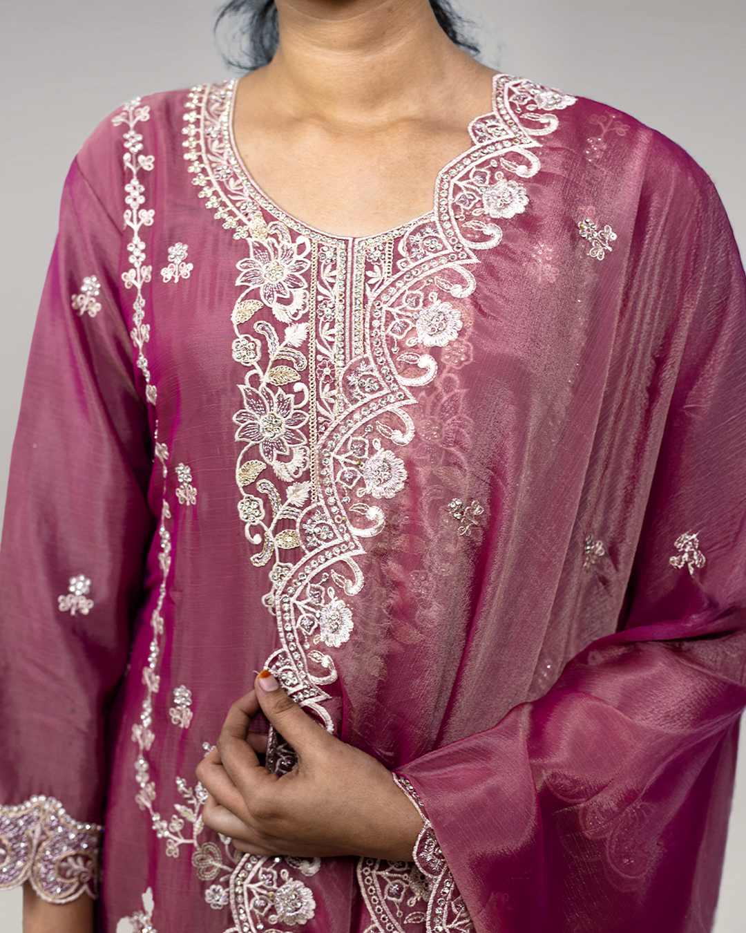 Dark Peach Embroidered Burberry Chiffon Readymade Sharara Set