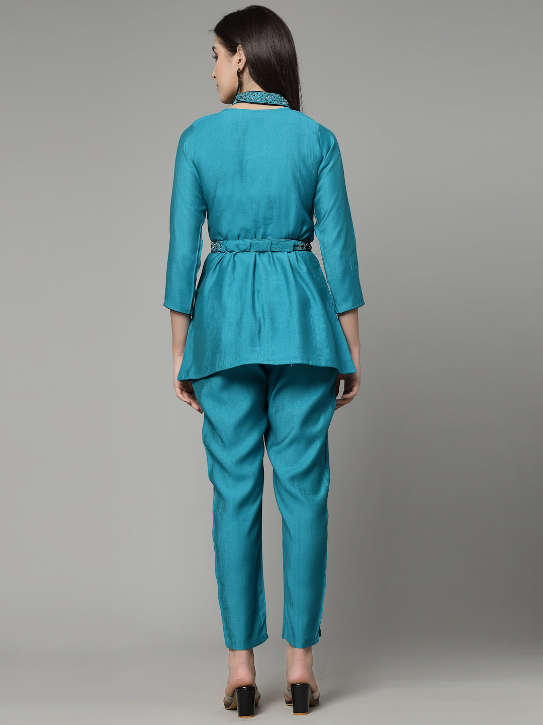 Sky Blue Hand Embroidered Color Viscose Rayon Ready Made Co-Ord Set