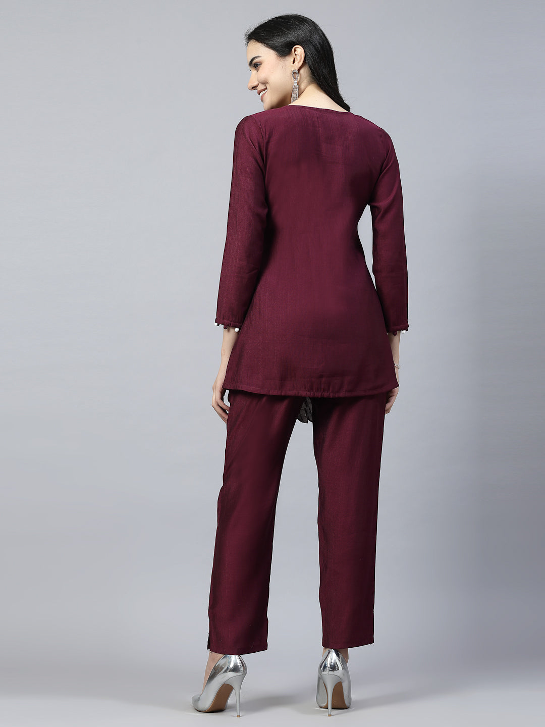Wine Color Hand Embroidered Pure Cotton Ready Made Co-Ord Set