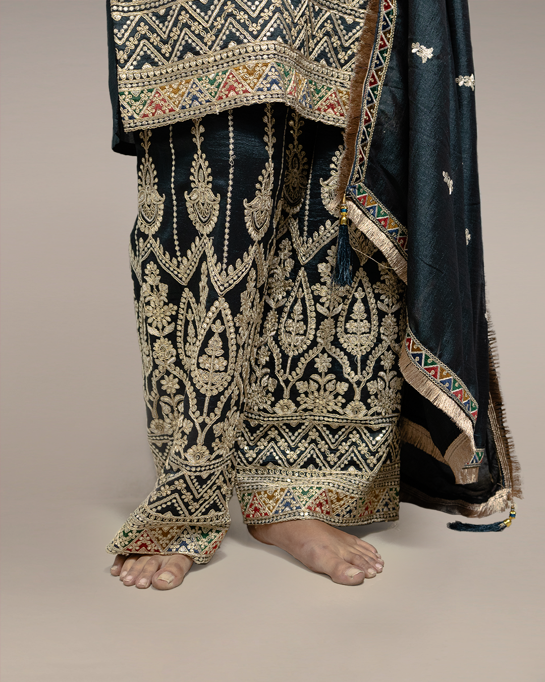 Peacock Green Embroidered Heavy Chinon Readymade Sharara Set