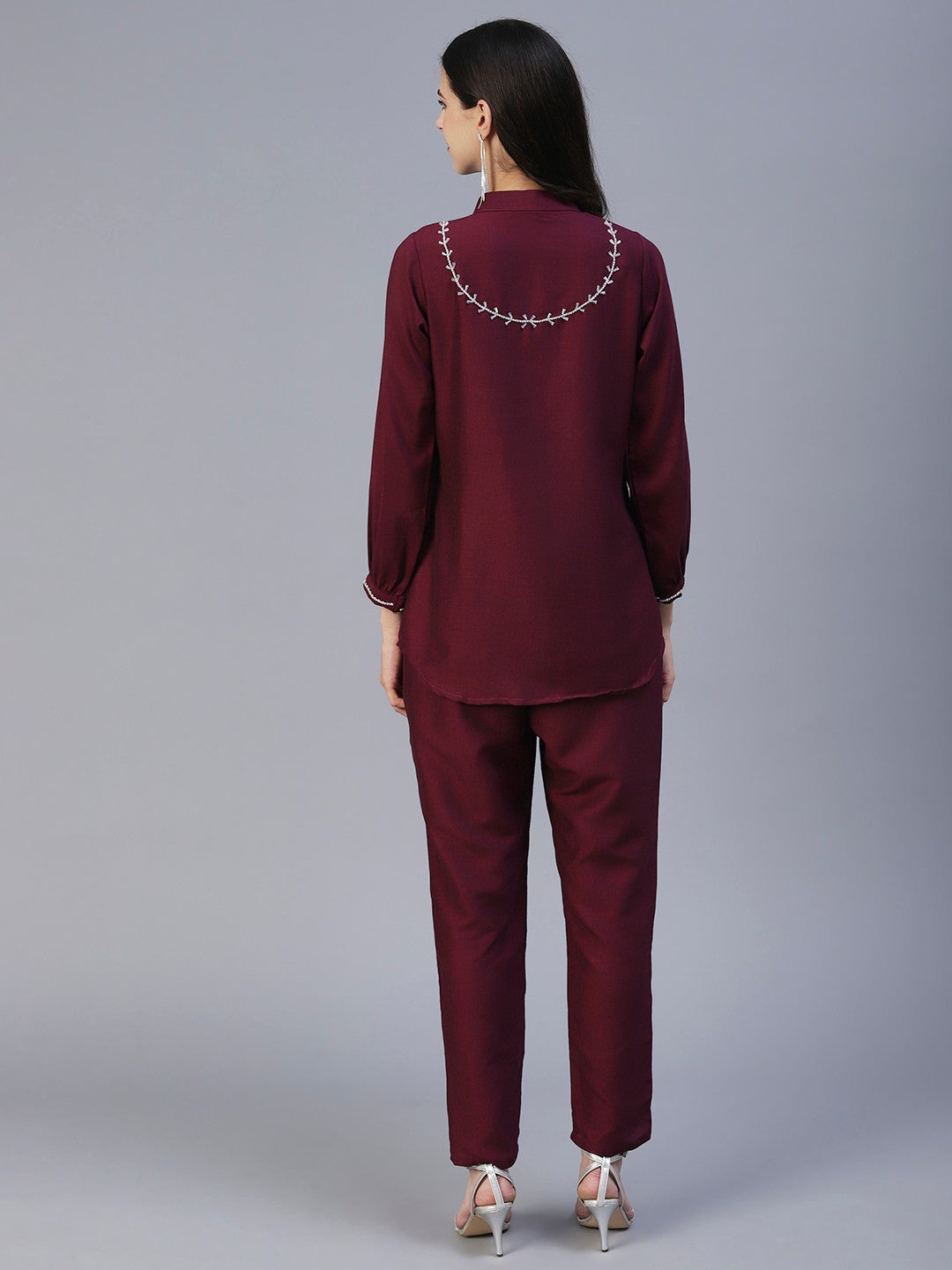Wine Color Hand Embroided Vatican Fabric Ready Co-Ord Set