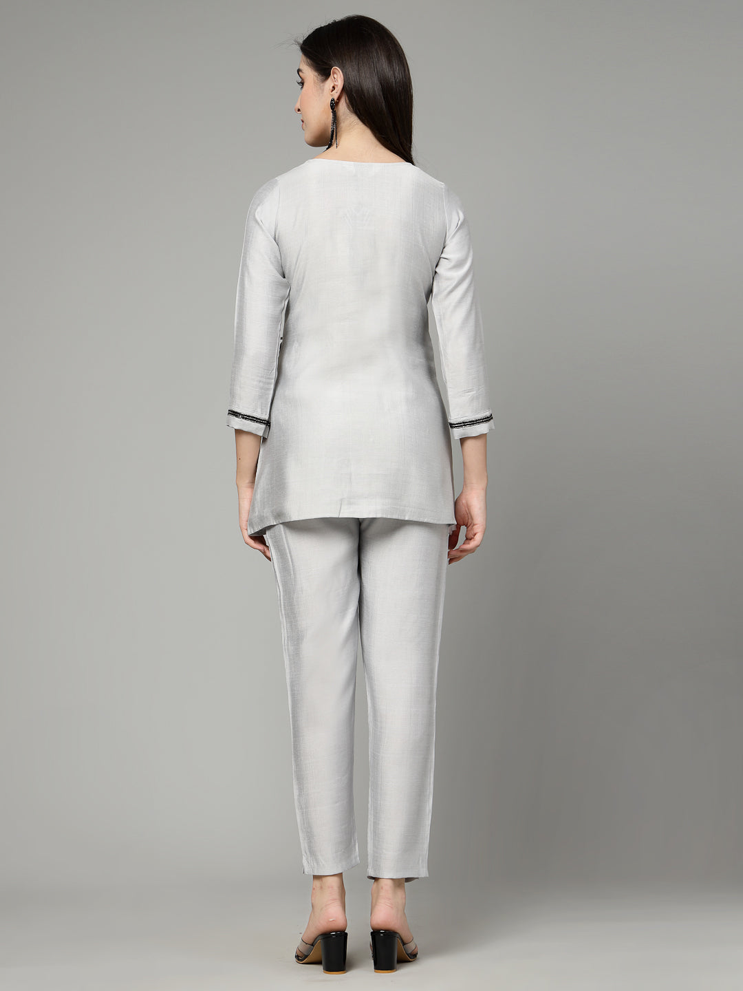 Grey Color Hand Embroidered Viscose Rayon Ready Made Co-Ord Set