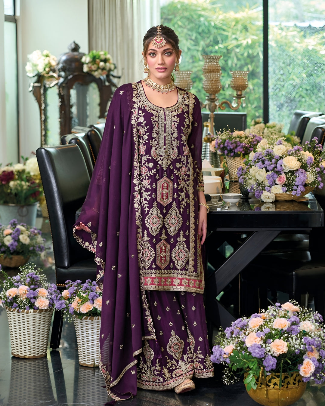 Purple Embroidered Heavy Chinon Readymade Sharara Set
