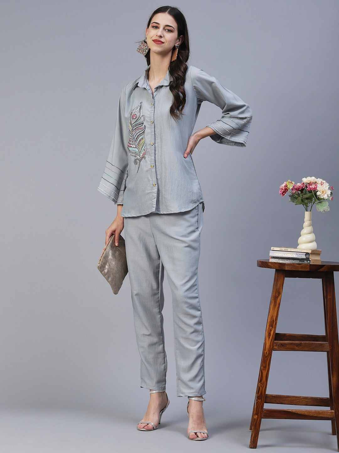 Grey Hand Embroidered Vatican Fabric Readymade Co-Ord Set