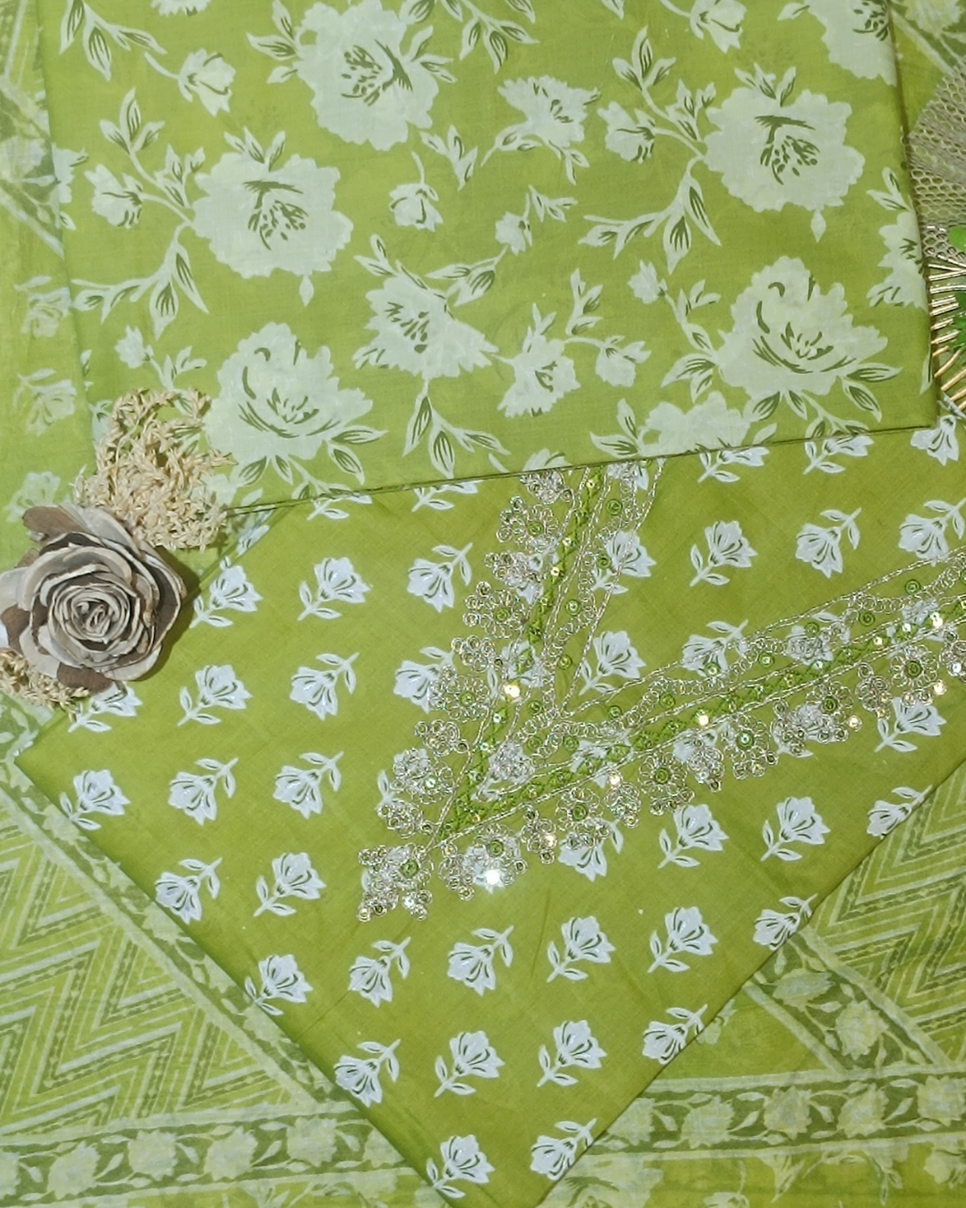 Light Green Mal Cotton printed fabric Unstitched Salwar Suit