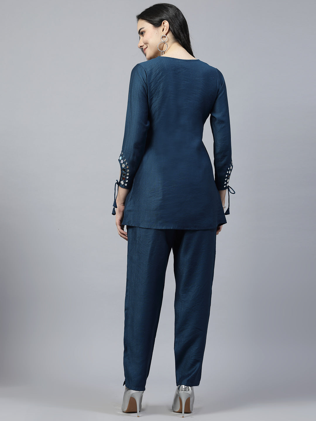Peacock Blue Hand Embroidered Pure Cotton Readymade Co-Ord Set