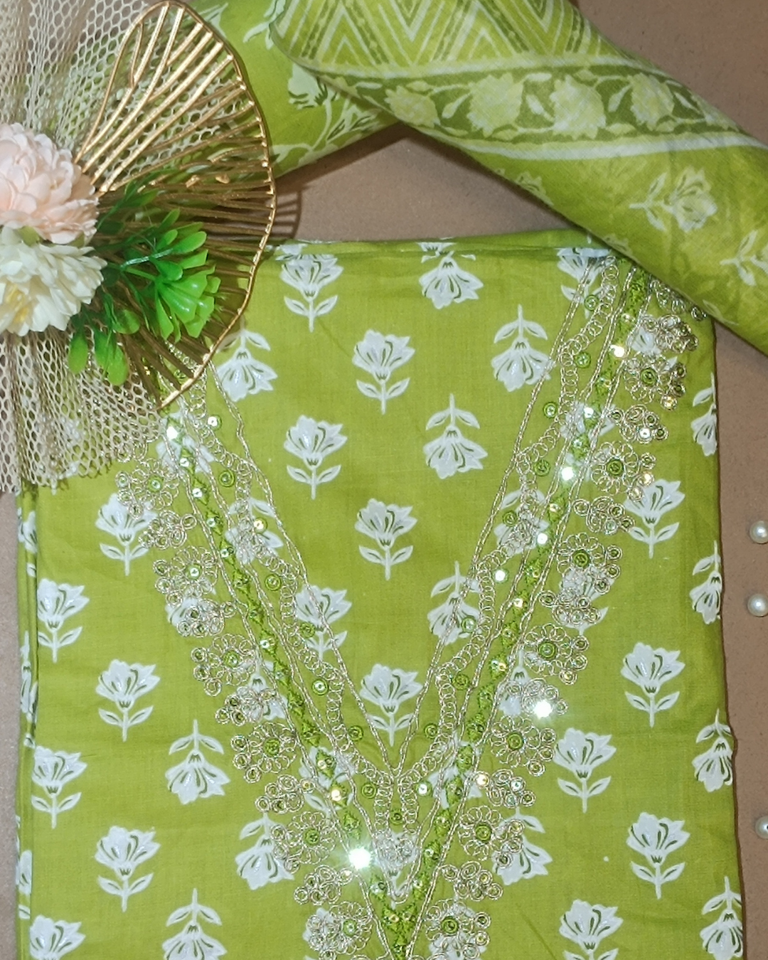 Light Green Mal Cotton printed fabric Unstitched Salwar Suit