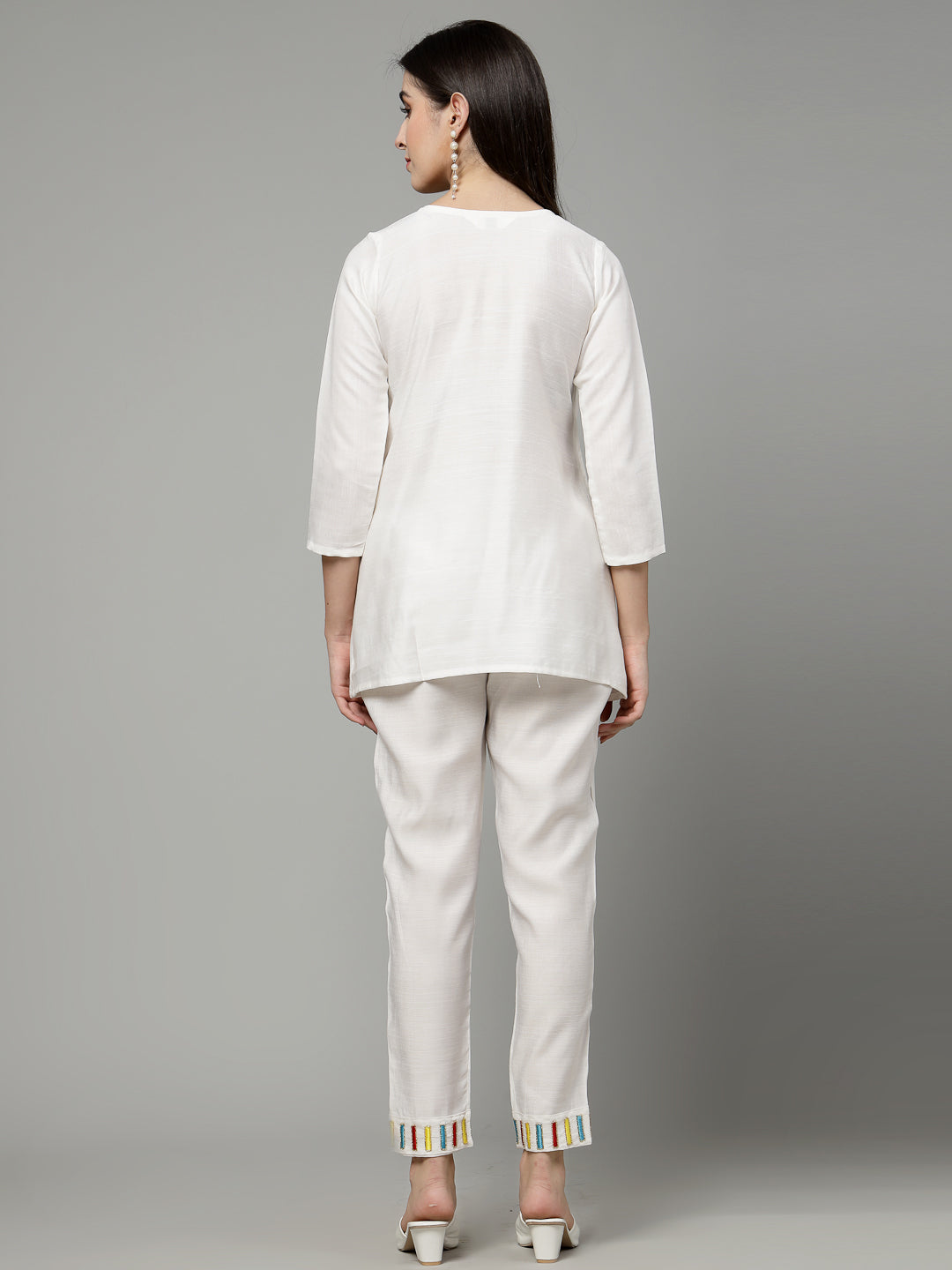 White Hand Embroidered Viscose Rayon Readymade Co-Ord Set