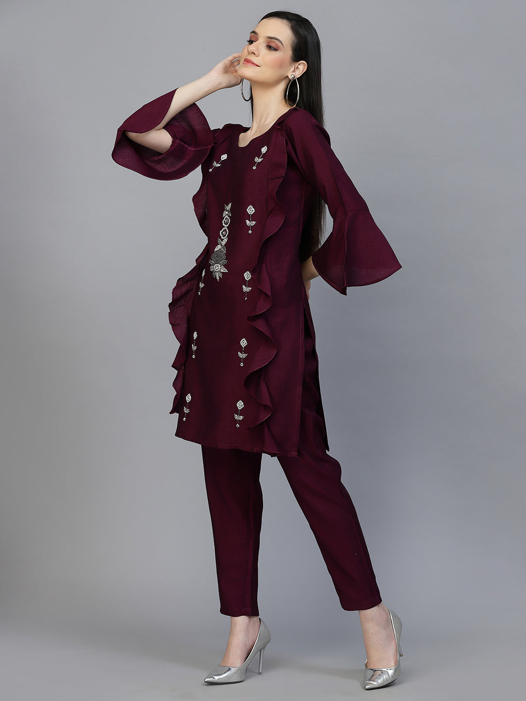 wine color Hand Embroidered Viscose Rayon Readymade Co-Ord Set