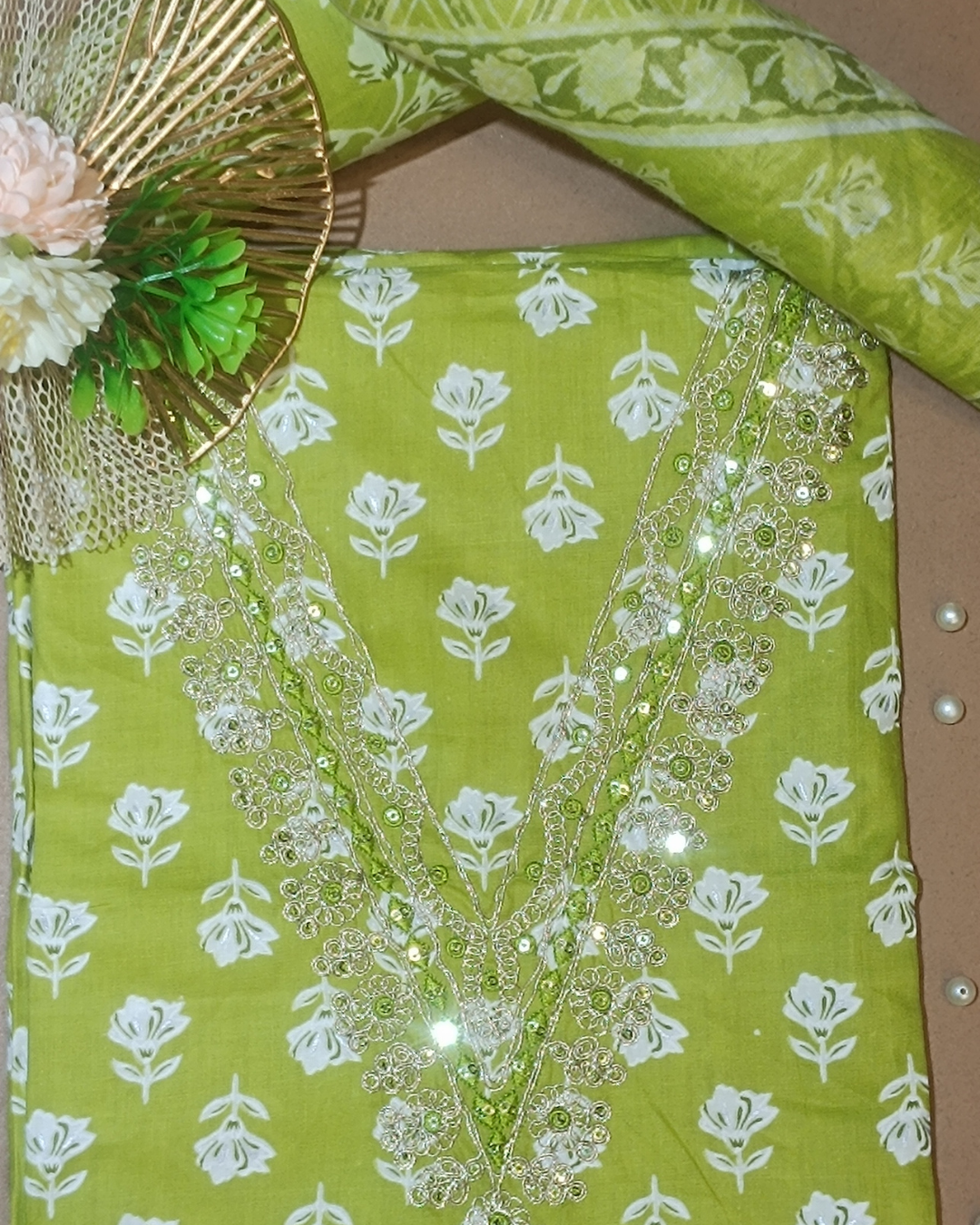 Light Green Mal Cotton printed fabric Unstitched Salwar Suit
