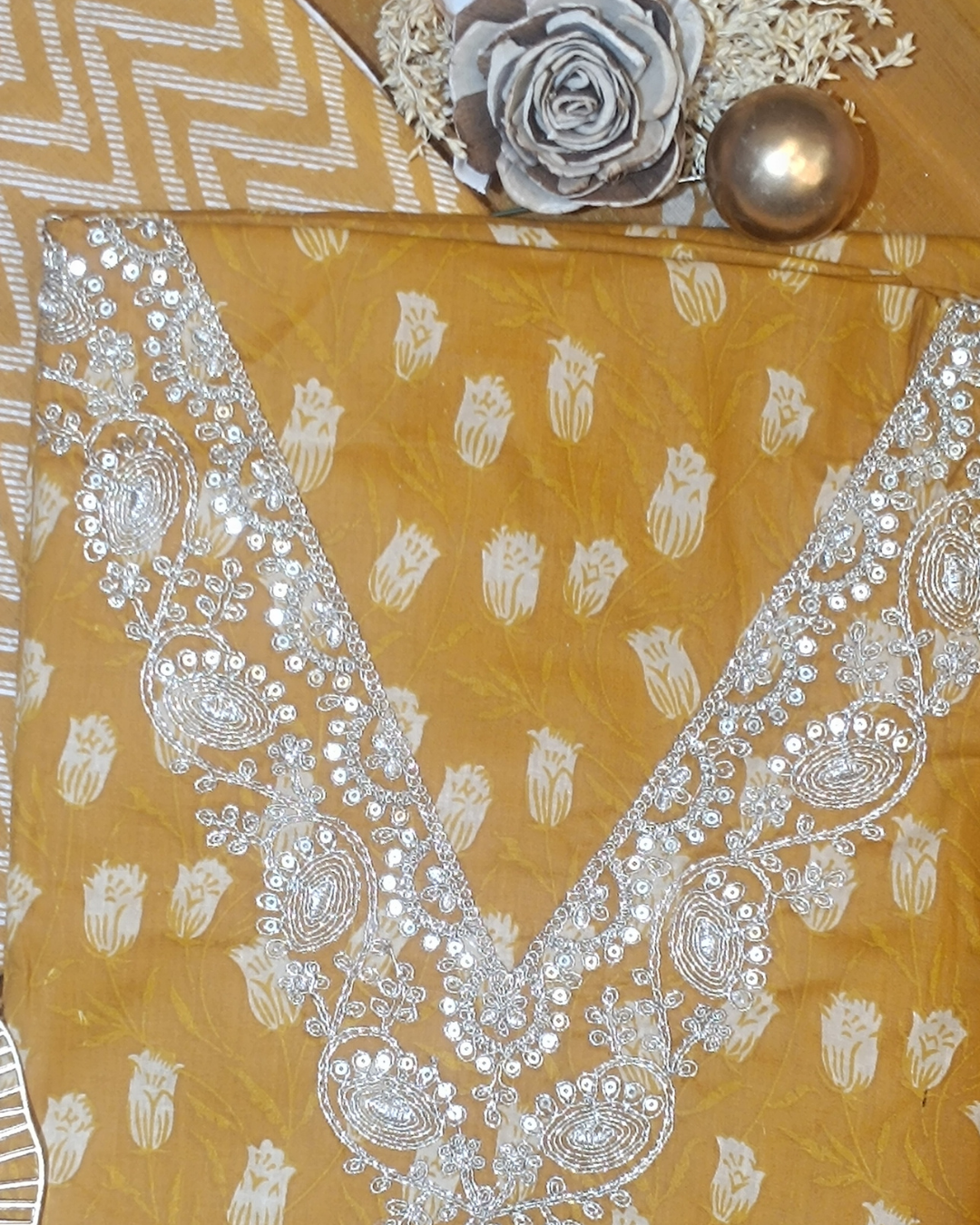 Golden Yellow Mal Cotton printed fabric Unstitched Salwar Suit