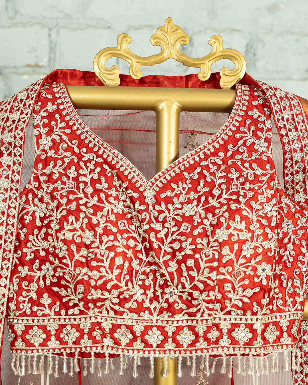 Red Heavy embroidered Netted Readymade Lehenga
