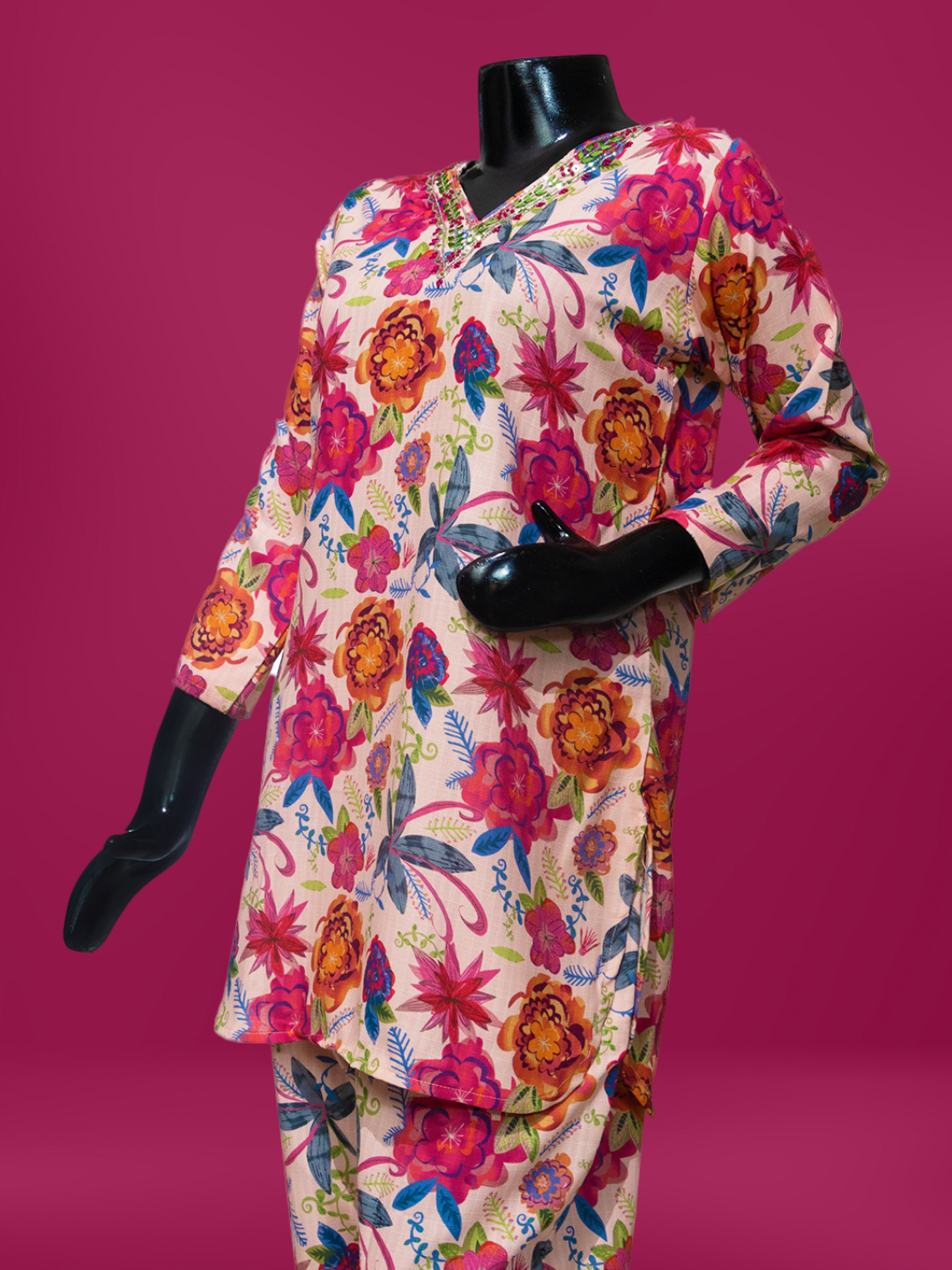Light Pink Floral Printed Chanderi Silk Readymade Co-Ord Set