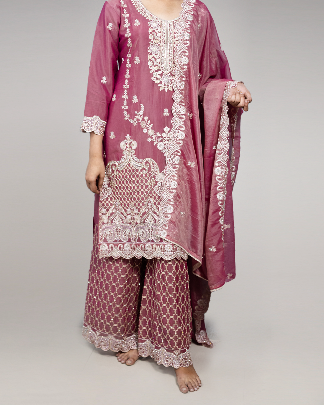 Dark Peach Embroidered Burberry Chiffon Readymade Sharara Set