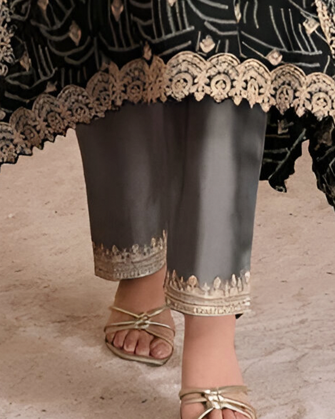 Black Embroidered Georgette Readymade Kaftan Set