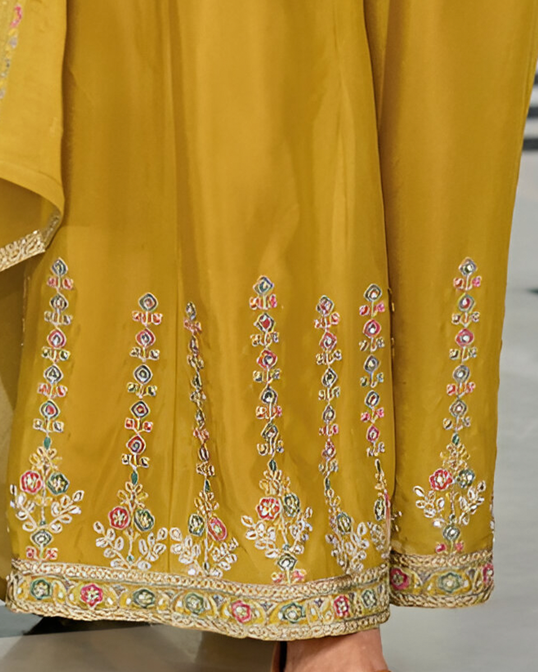 Mustard Yellow Emboidery Heavy Chinon Readymade Sharara Set
