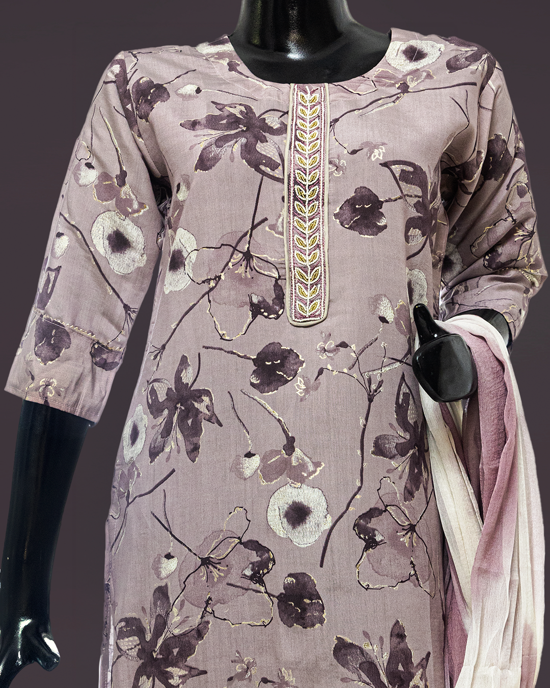 Light Lavender Embroidered Masleen Fabric Readymade Salwar Suit:
