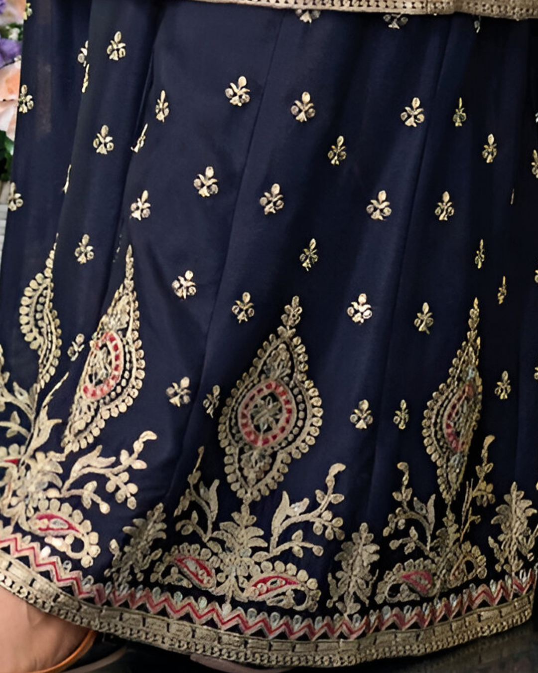 Dark Blue Embroidered Heavy Chinon Readymade Sharara Set