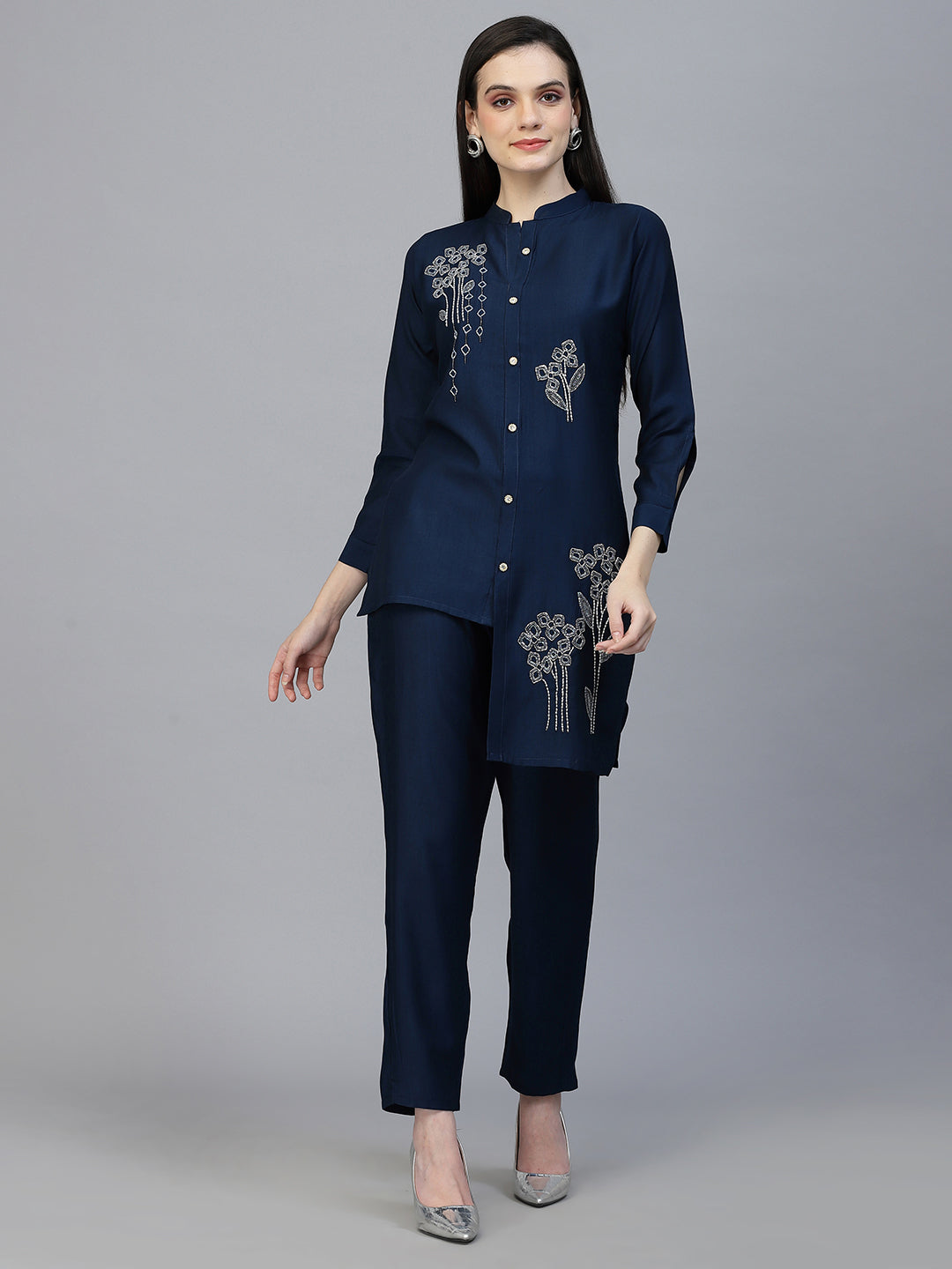 Blue Hand Embroidered Viscose Rayon Ready Made Co-Ord Set