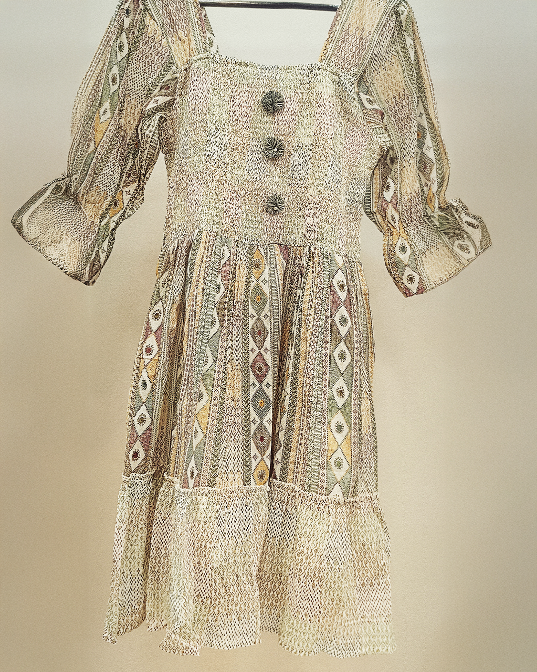 Cream And Green Pure Cotton Readymade Short Frocks